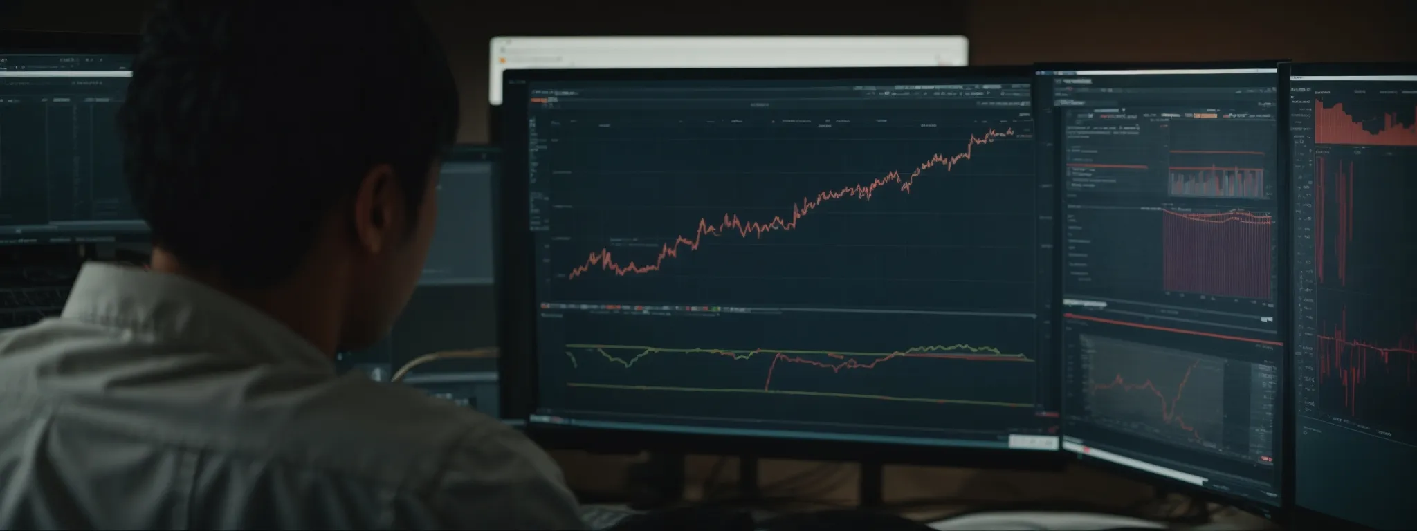 a focused individual analyzing data charts on a computer screen, mapping out a strategic content plan.