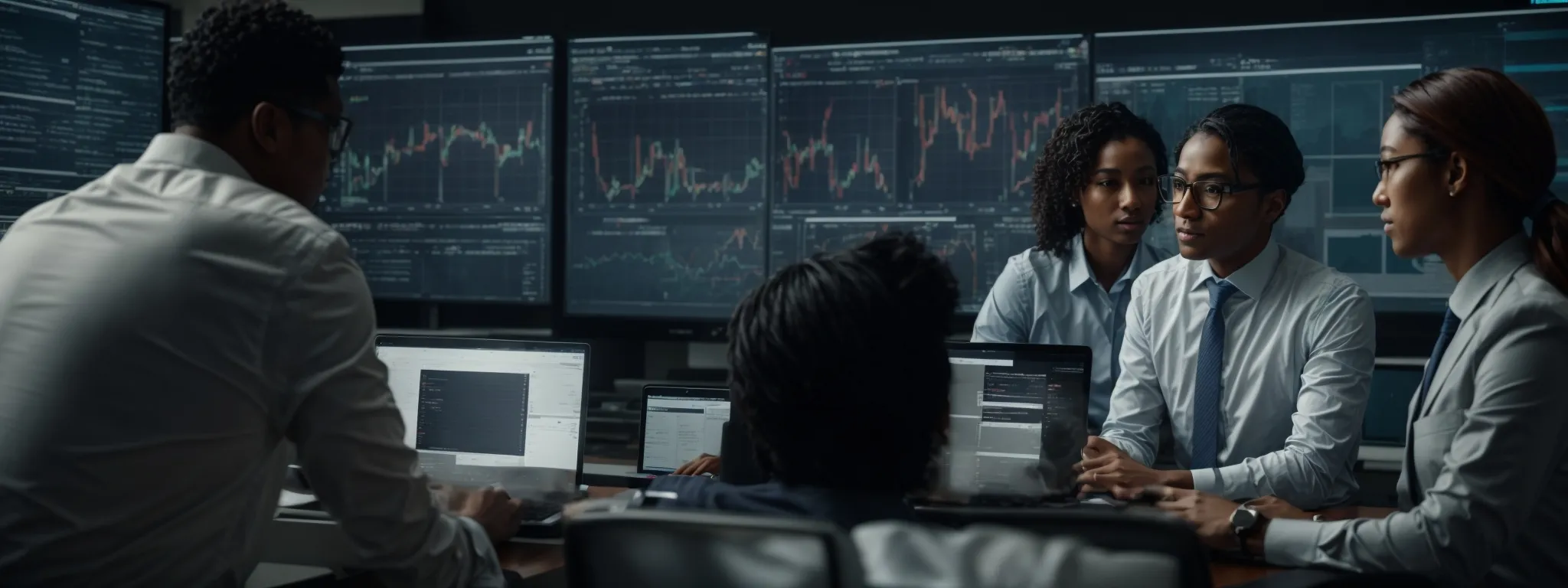a diverse group of business professionals analyzing data on a large computer screen, showcasing web analytics and seo metrics.
