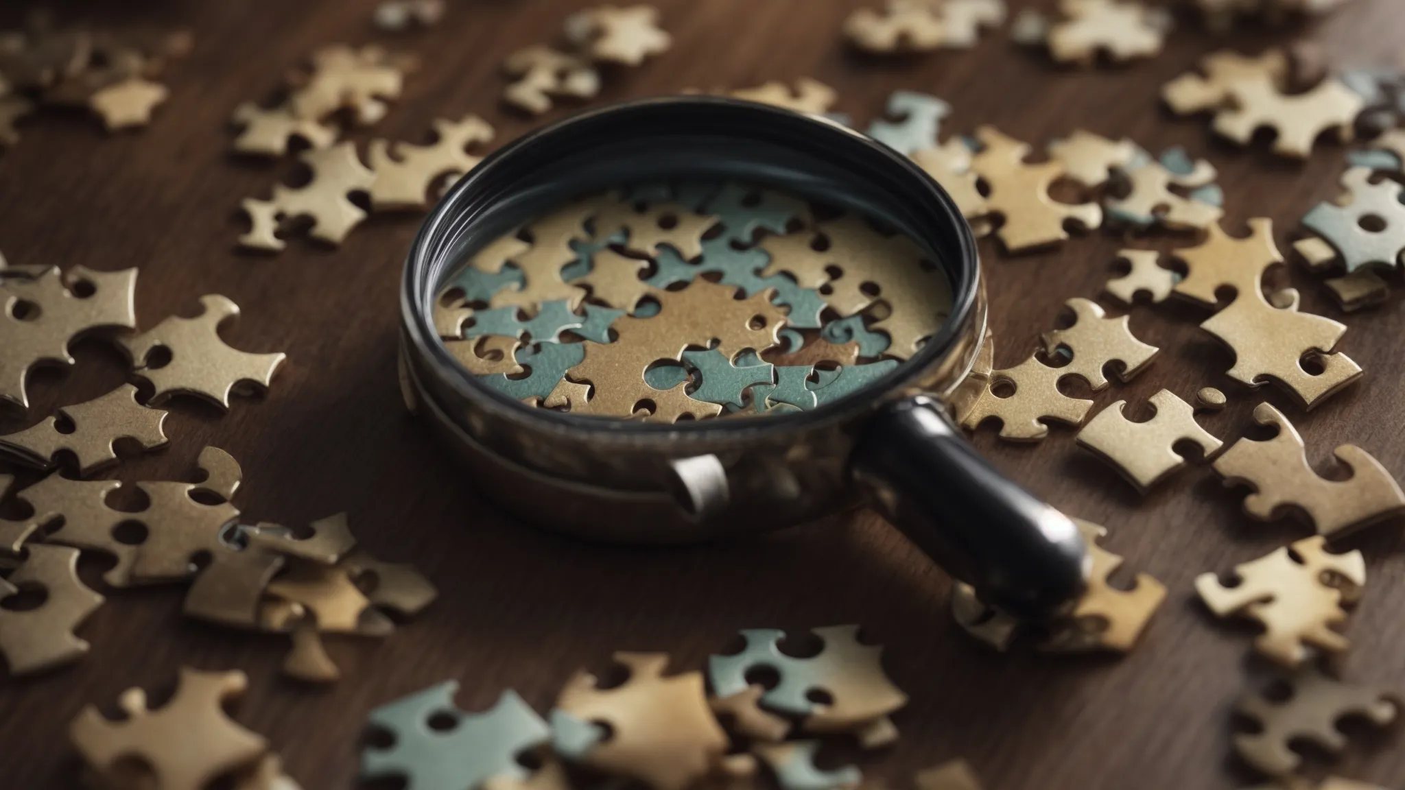 a close-up of a magnifying glass focusing on a jigsaw puzzle piece among many others on a table, symbolizing the precision required for effective keyword optimization.