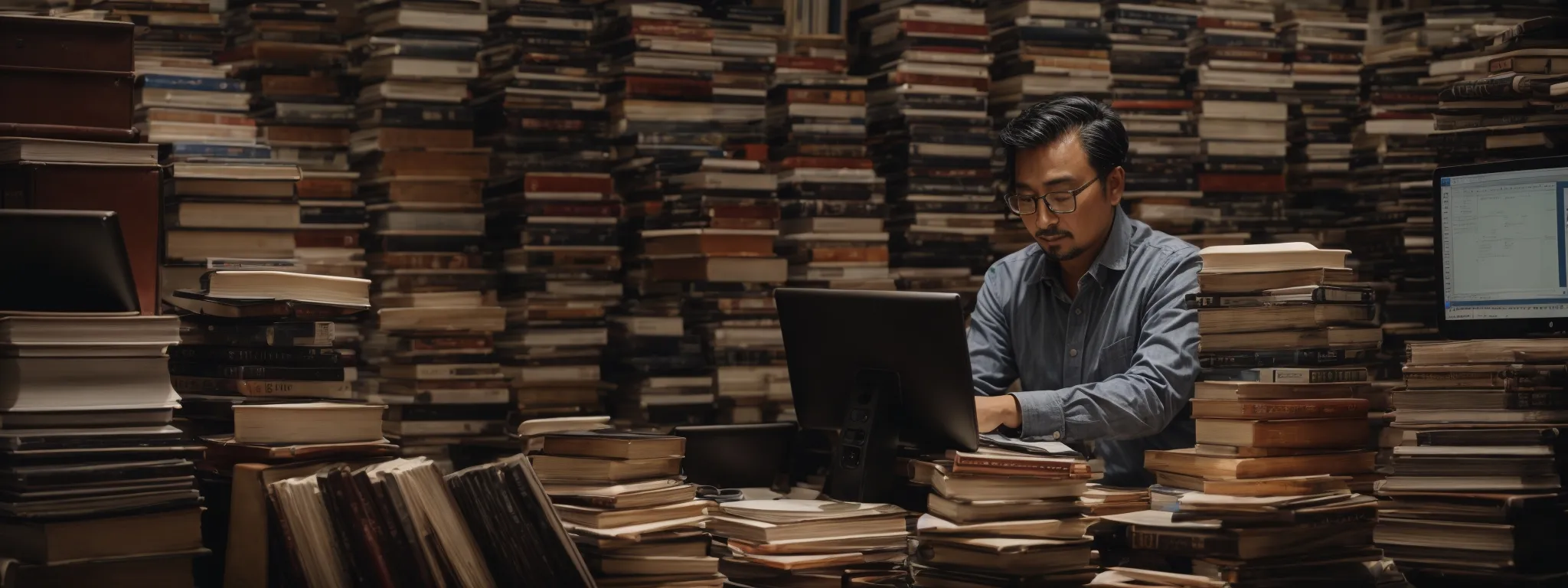 a determined author surrounded by piles of books, intently analyzing a computer screen displaying graphs and data.