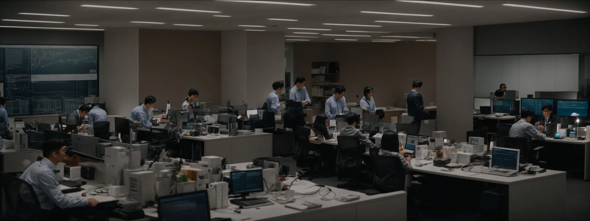 a bustling office with marketers strategizing around a computer displaying graphs.