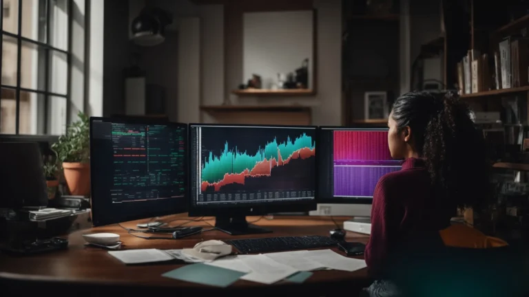 a person sits at a computer, analyzing colorful graphs and charts that represent different keyword performance metrics.