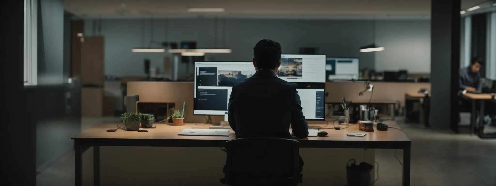 a person sits at a spacious desk, engrossed in learning from an interactive online platform on a modern computer in a well-lit, organized office space.