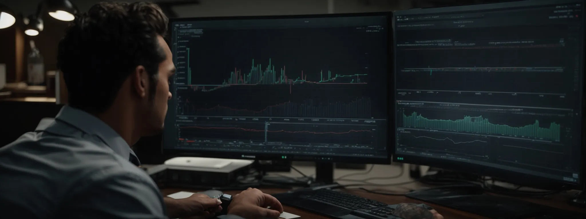 a focused individual analyzes graphs on a computer screen, indicating seo performance metrics.