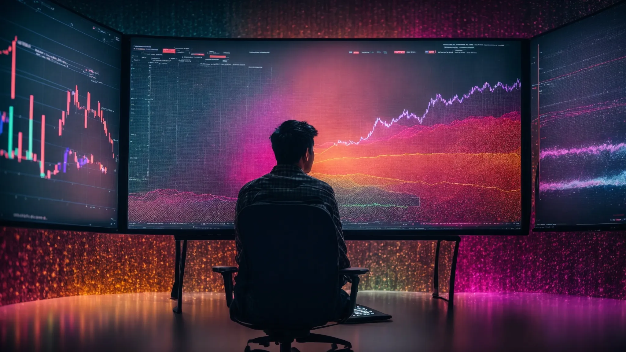 a person sits immersed in front of a large monitor displaying colorful analytics and graphs related to search engine optimization.