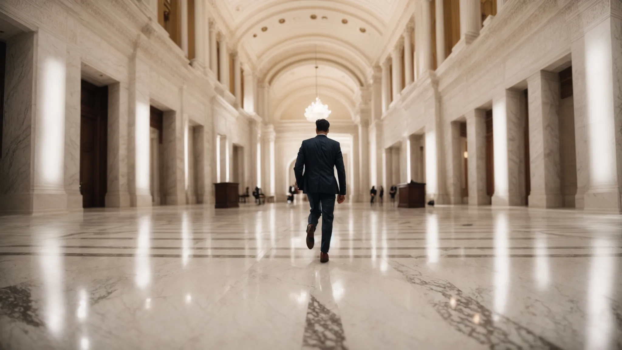 a determined attorney strides through the marble-floored lobby of a grand courthouse, ready to advocate for justice.