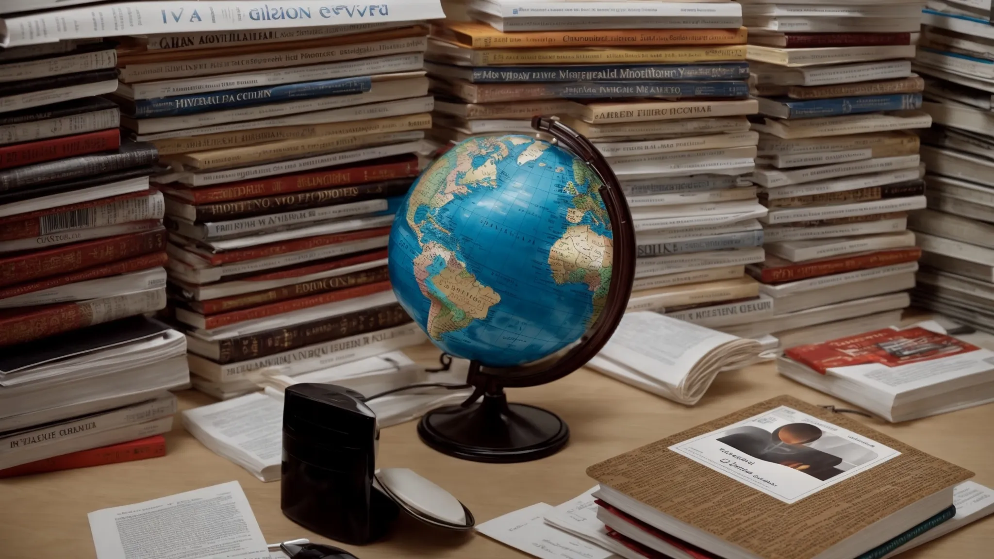 a globe surrounded by various foreign language dictionaries and a computer displaying search engine results.