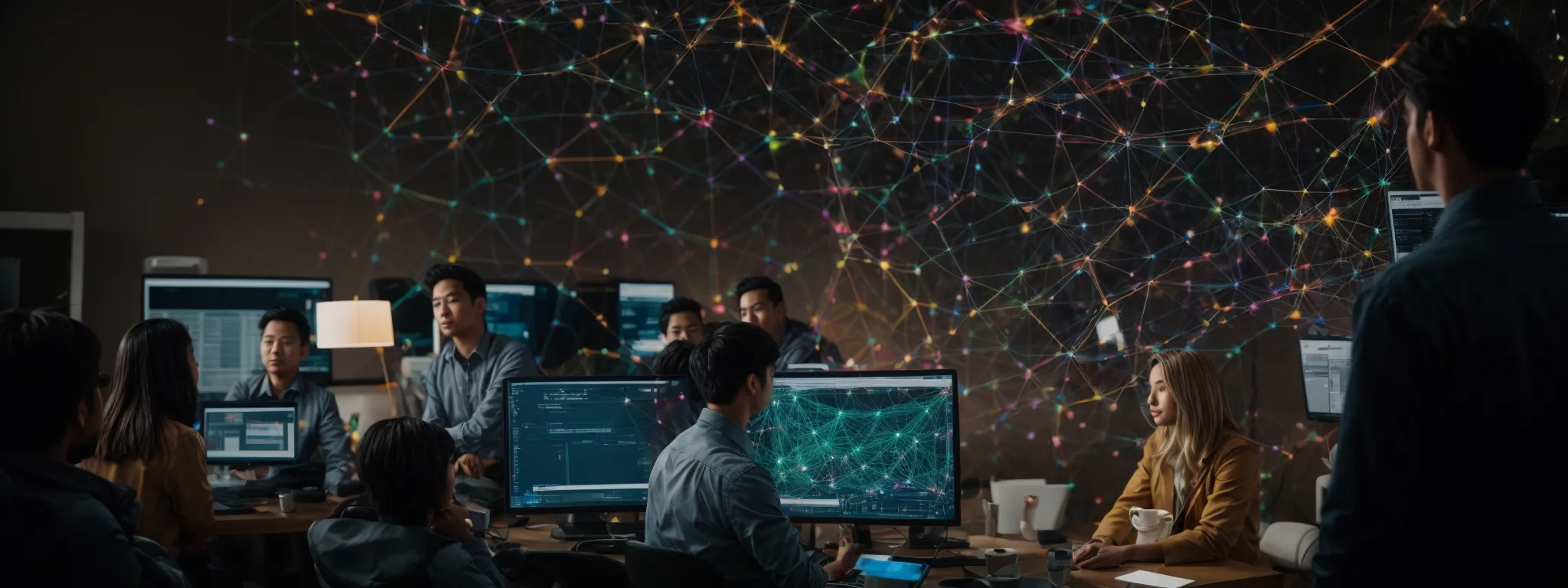 a group of professionals gathered around a computer monitor, analyzing a colorful web of interconnected nodes representing a website's structure.