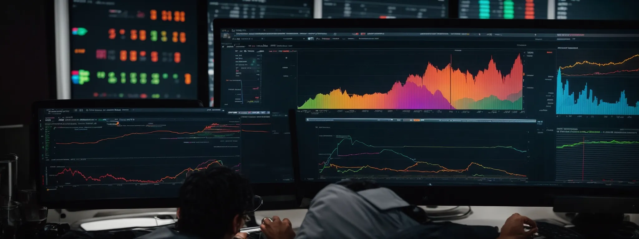 a person analyzing colorful graphs and charts on a computer screen, reflecting website performance metrics.