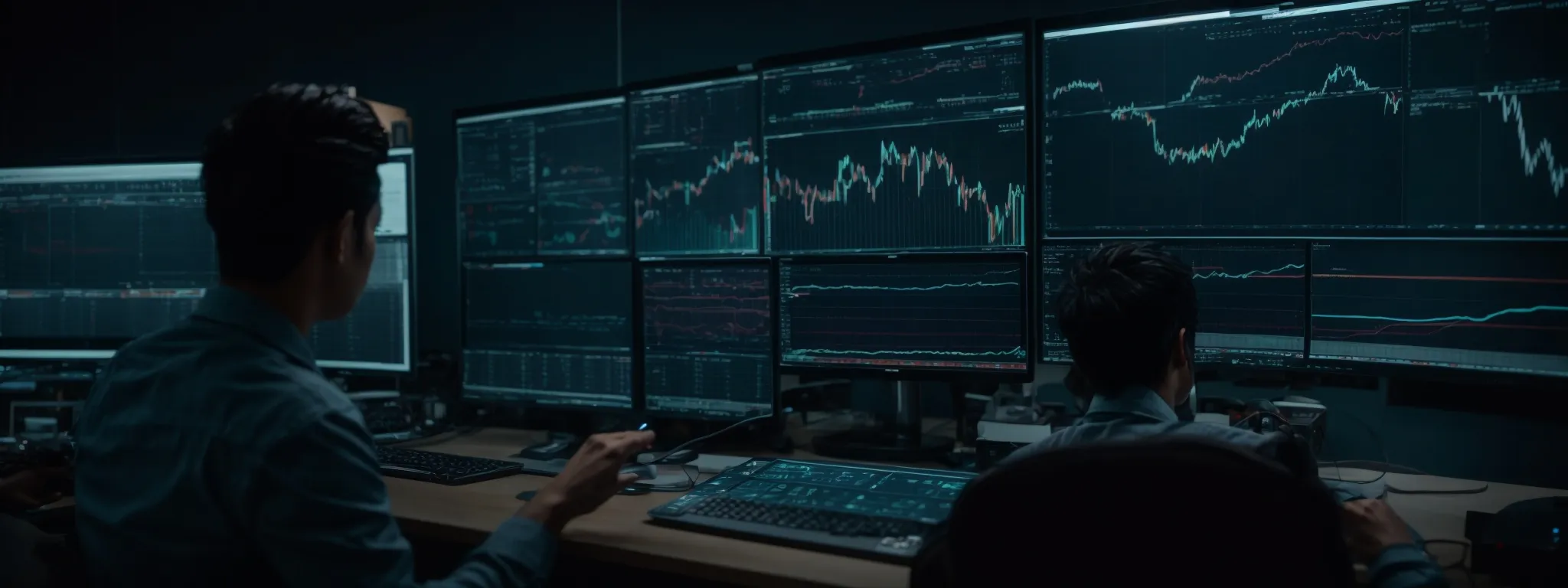 a person operating dual computer monitors analyzing complex charts and graphs representing seo keyword performance data.
