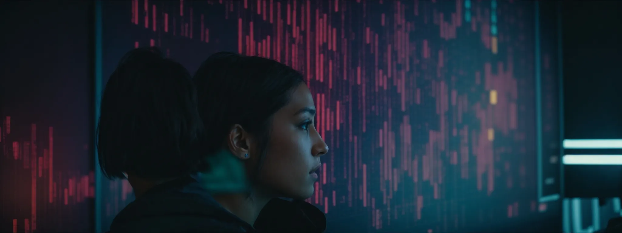 a person gazes thoughtfully at a large monitor displaying colorful analytics charts while strategizing their seo approach.