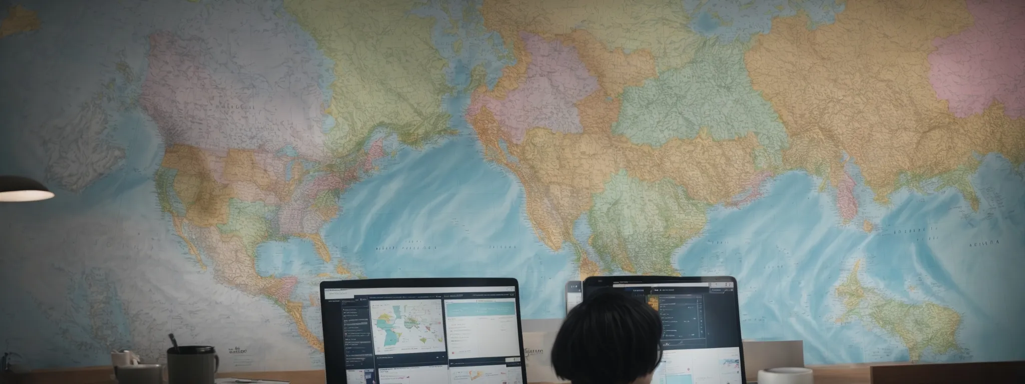 a marketer analyzes a colorful map on a computer screen, pinpointing different regions for targeted seo strategies.