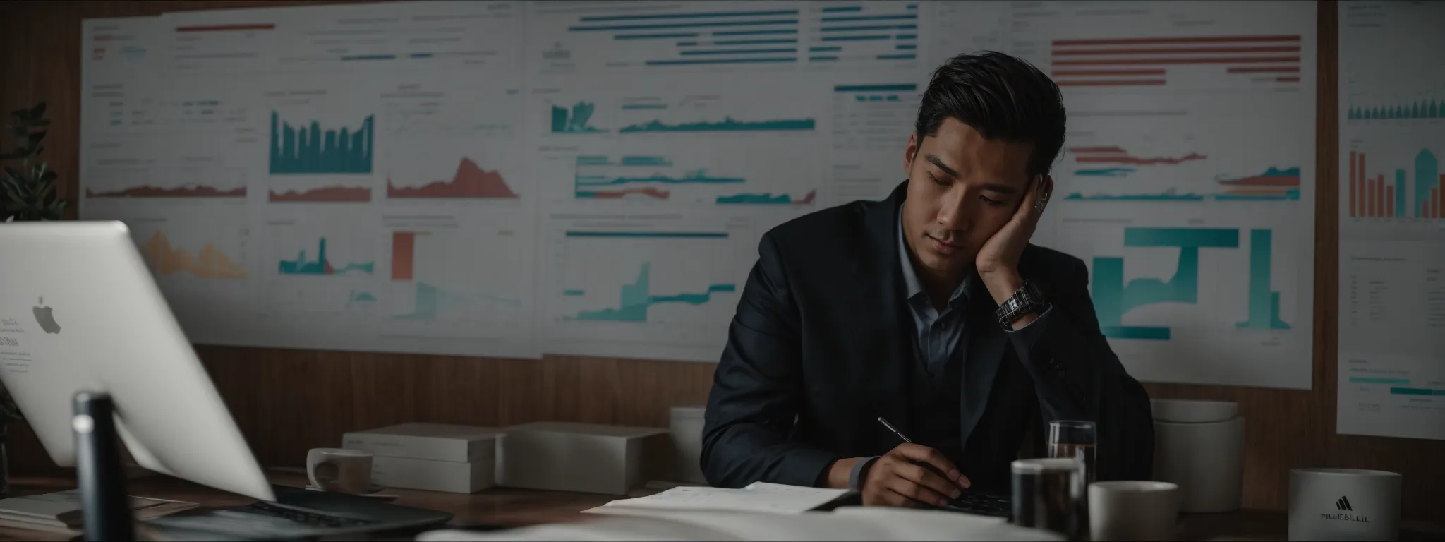 a person sitting at a desk with a laptop, surrounded by marketing strategy charts and graphs while deep in thought.