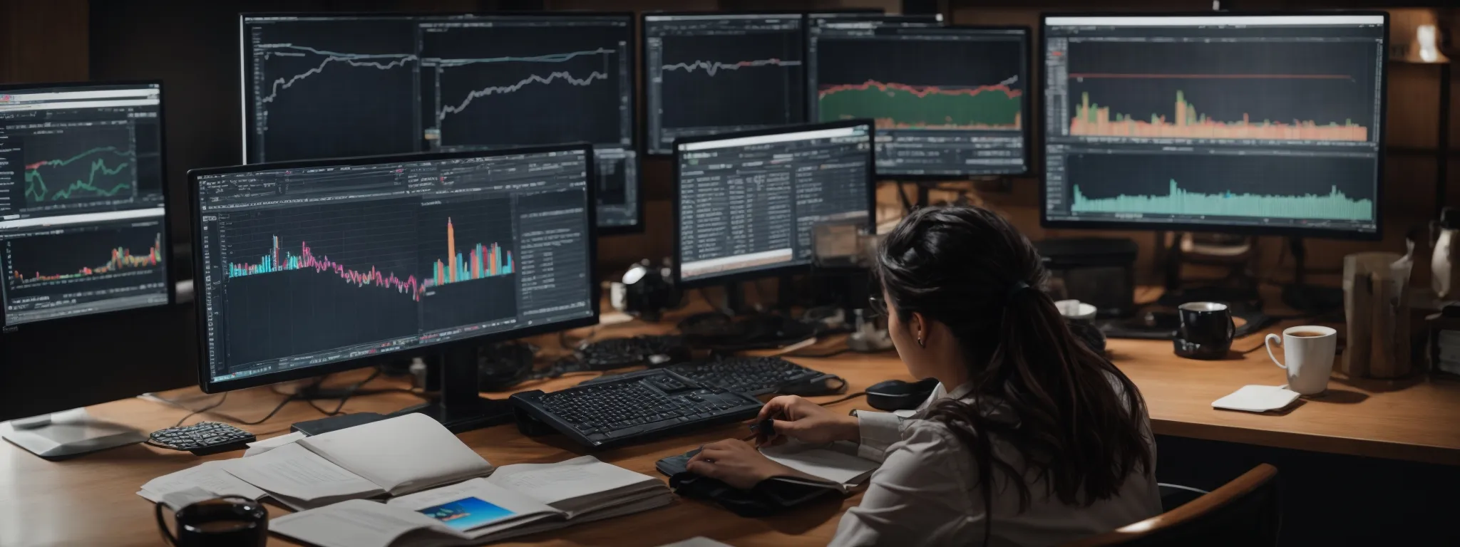 a person sitting at a desk with dual computer monitors displaying colorful analytics graphs and a search bar, surrounded by marketing strategy books and a cup of coffee.