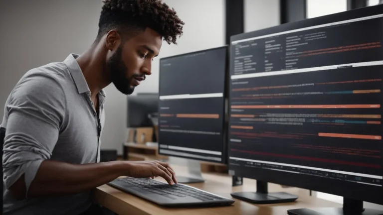 a focused entrepreneur reviews a large, visible list of trending product searches on the computer screen in a minimalist, modern office.