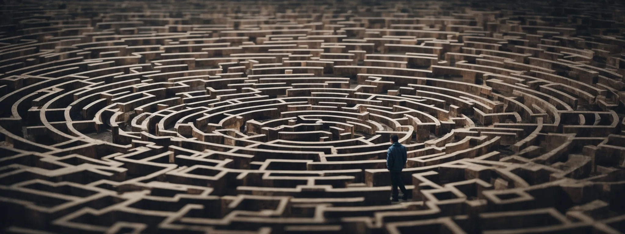 a person navigating a maze constructed from web pages and search bars, with a magnifying glass hovering over strategic points.