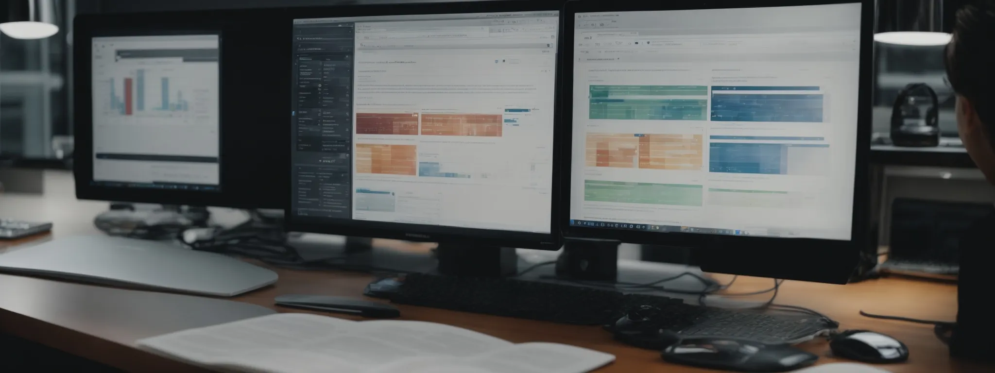 a professional comparing side-by-side interface layouts of different keyword research software tools on a computer screen.