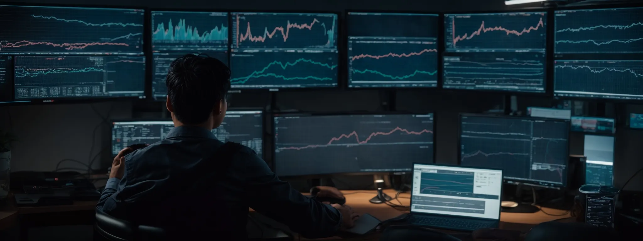 a person sitting before dual monitors displays graphs and analytics, deeply focused on optimizing a website's seo strategy.