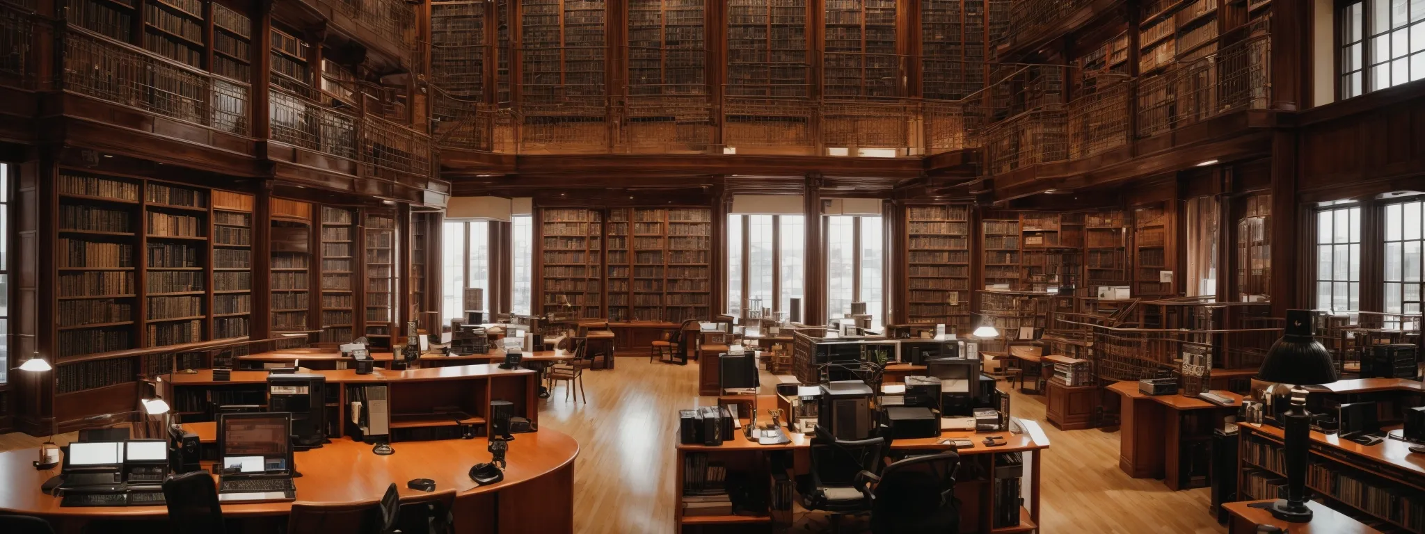 a panorama of an expansive library with towering bookshelves and a central computer station signifying the pursuit of seo strategies through research and data analysis.