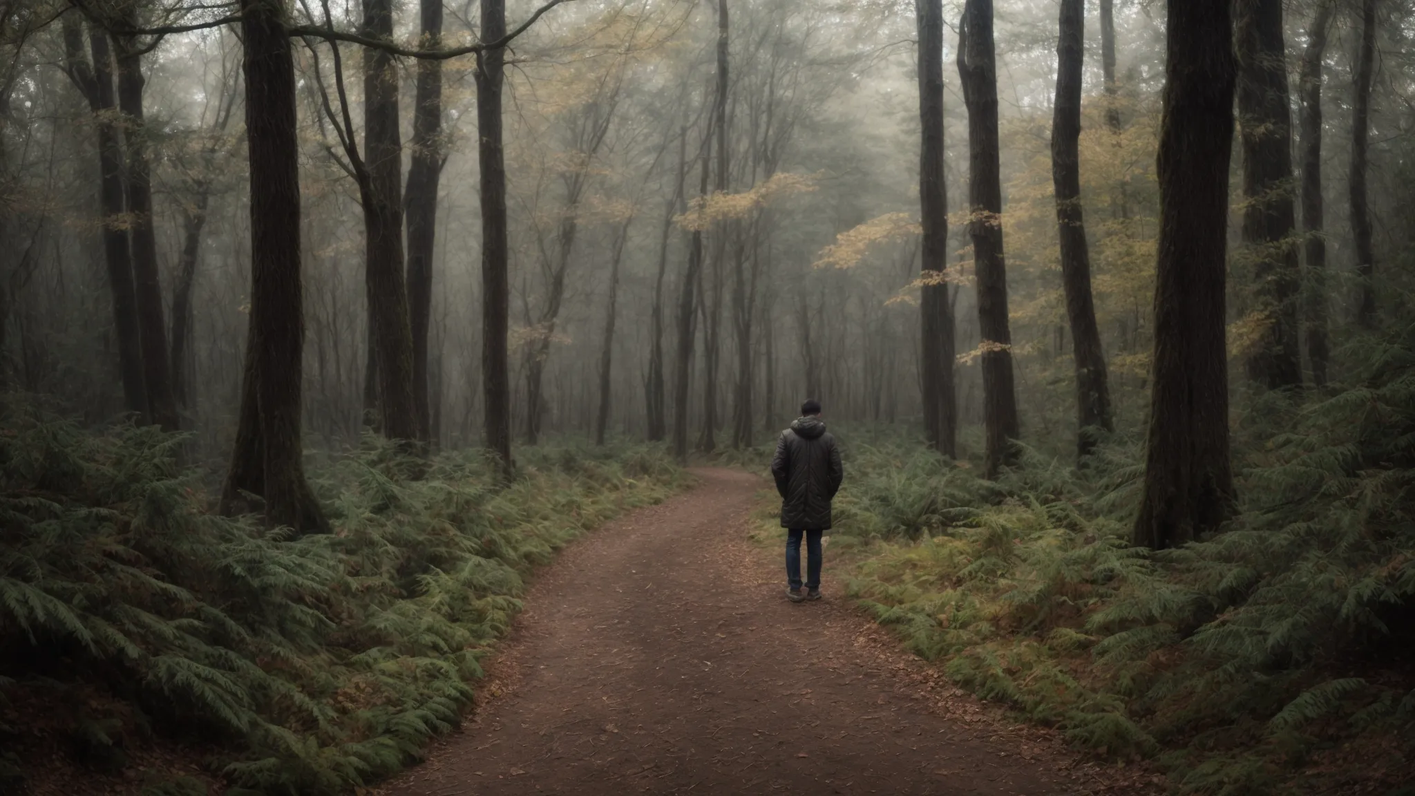 a person standing at a forked path in a forest, contemplating which direction to take.