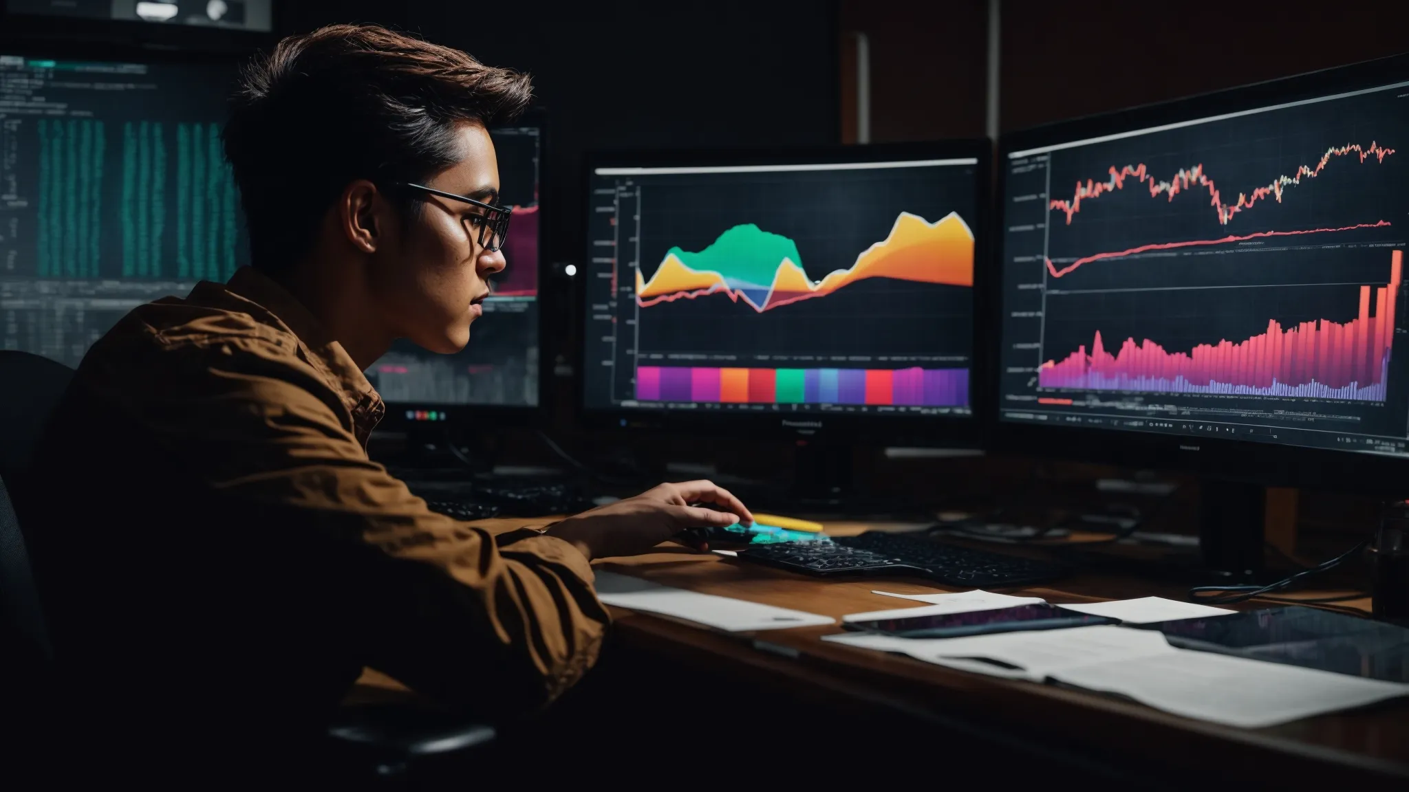 a focused individual analyzing colorful charts and graphs on a computer screen, indicating seo performance metrics.