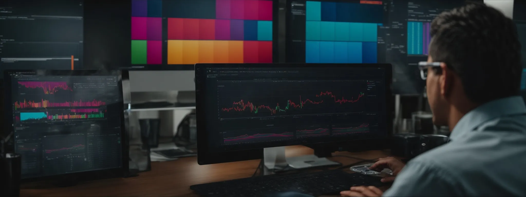 a marketer analyzing colorful graphs and charts on a computer screen that reflect keyword performance metrics.