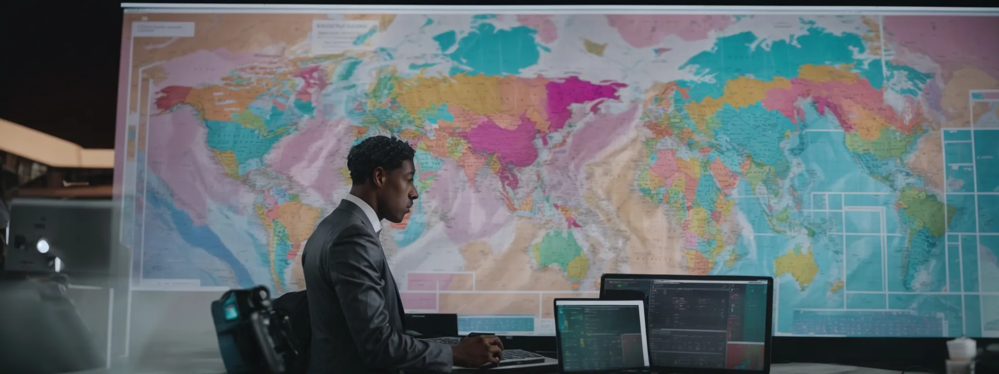a business professional analyzing a colorful world map on a digital interface with various statistical charts surrounding the visual.