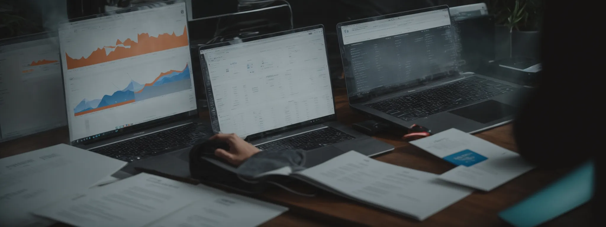 a person typing on a laptop surrounded by graphs and keyword research data.