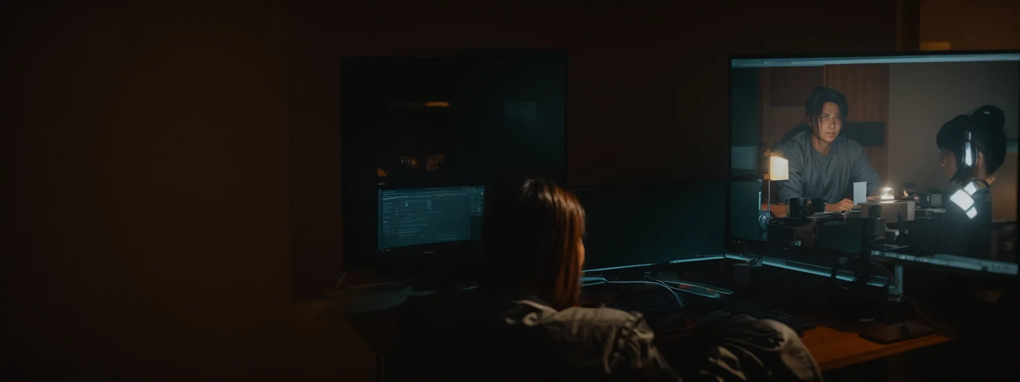 a person sitting at a desk illuminated by the glow of a computer screen, engaging in content creation with a focus on seo optimization.