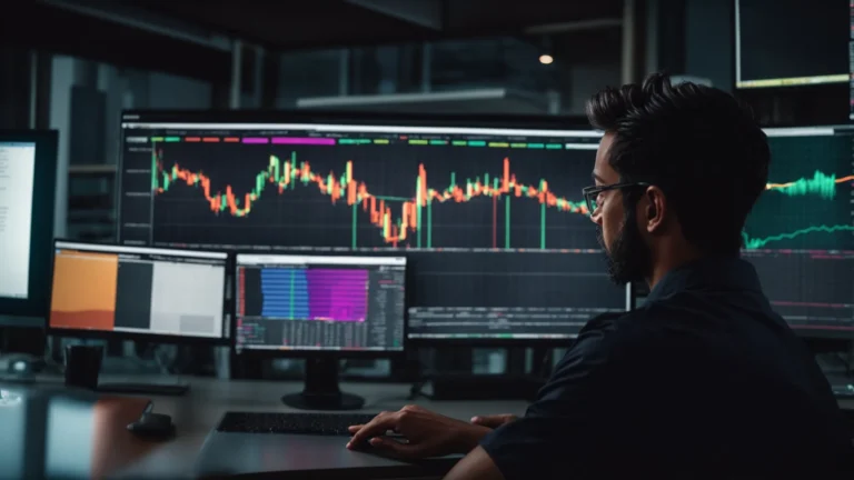 a digital marketing expert analyzing a colorful keyword trend graph on a computer screen in a modern office.