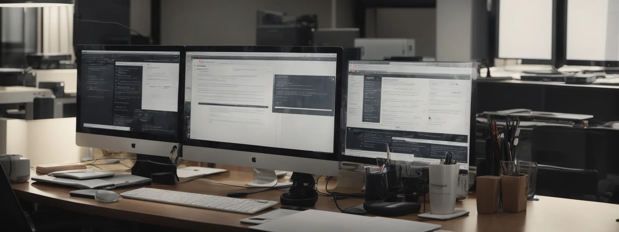 a modern office with a large monitor displaying a search engine results page and a notepad with seo strategies on the desk.