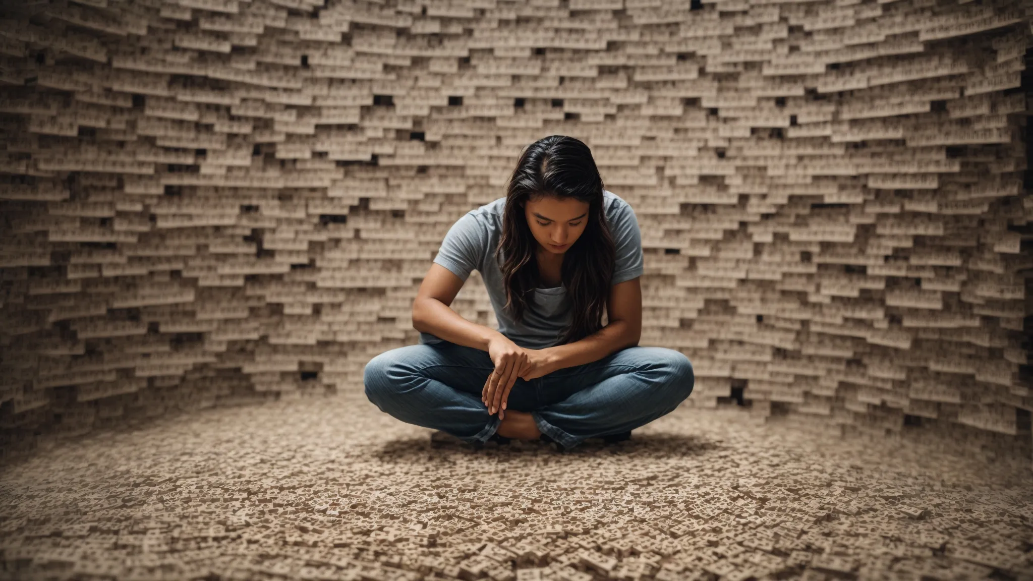 a focused individual examines a large puzzle made up of words and phrases, symbolizing the complexity and strategy behind keyword research.