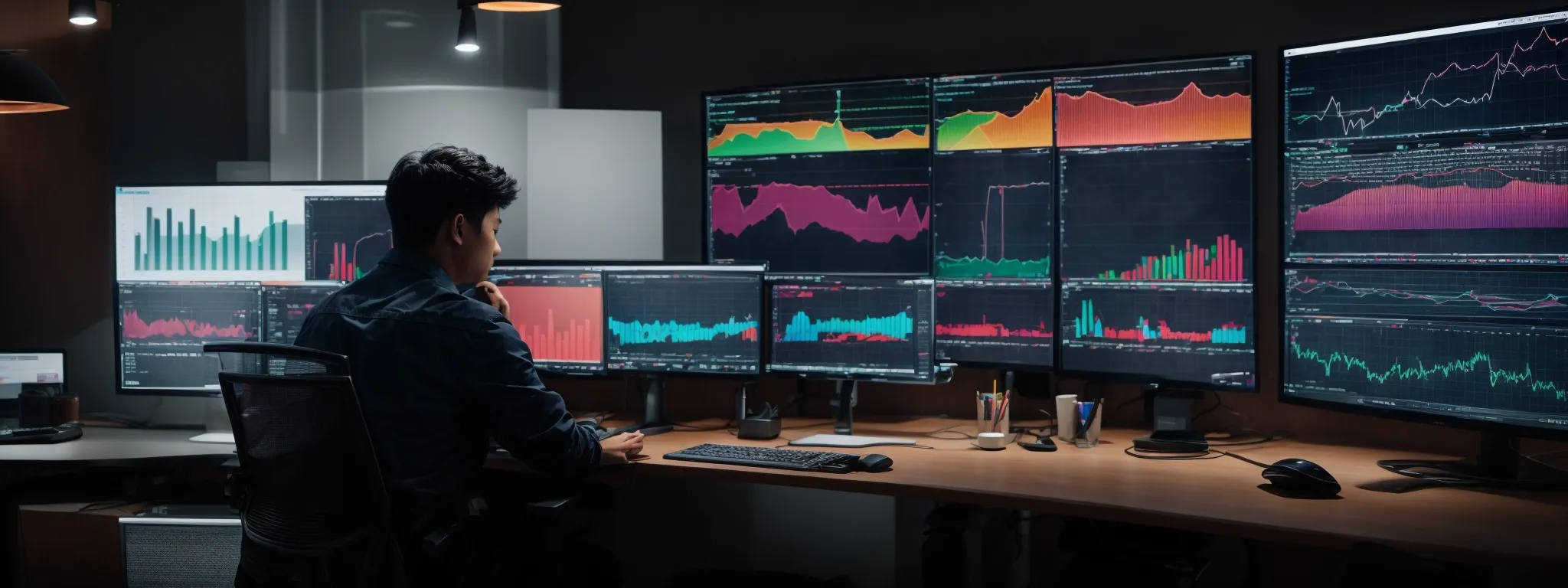 a person sits at a desk with dual monitors displaying colorful graphs and charts of seo data analysis.