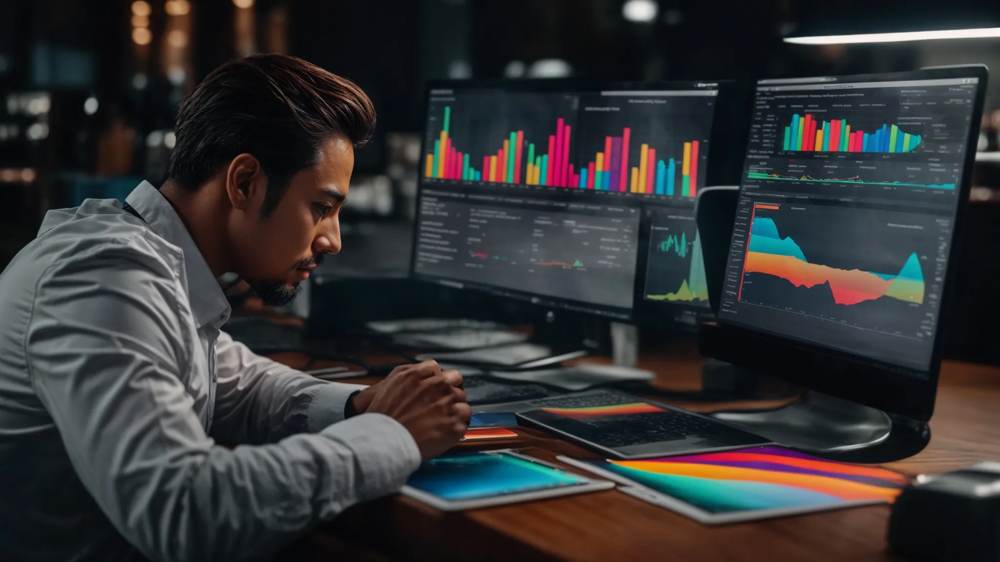 a focused individual gazes at a laptop screen displaying colorful graphs and data analysis related to amazon product searches.