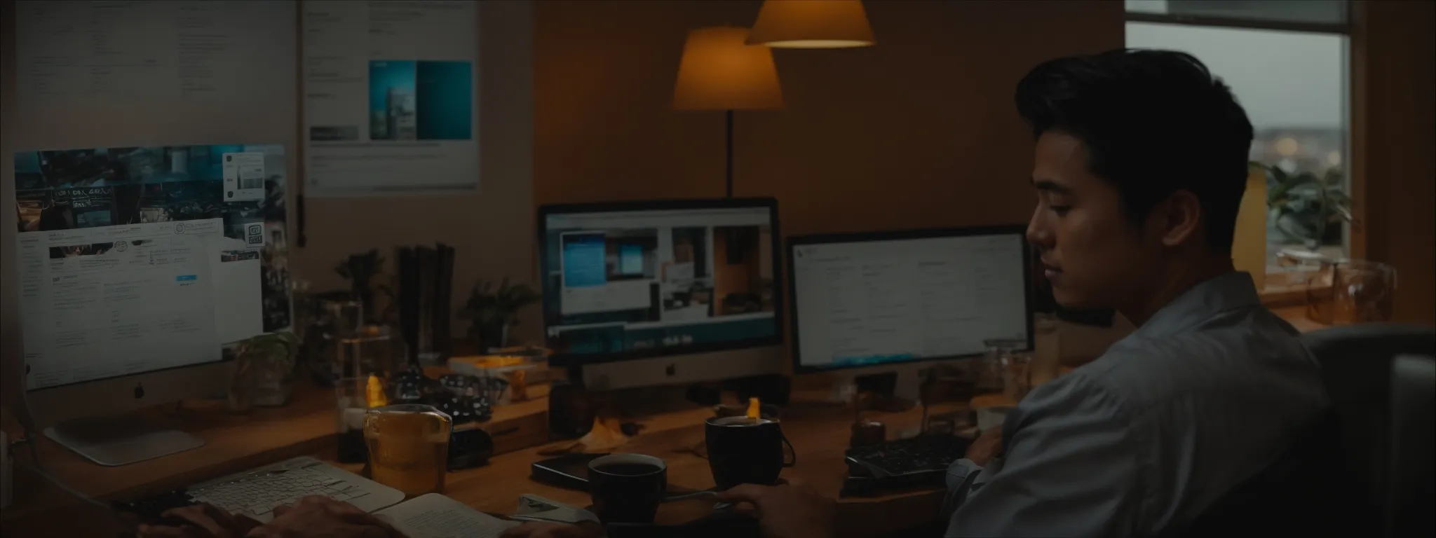 a business owner optimizes their online directory listing on a computer in a cozy office setting.