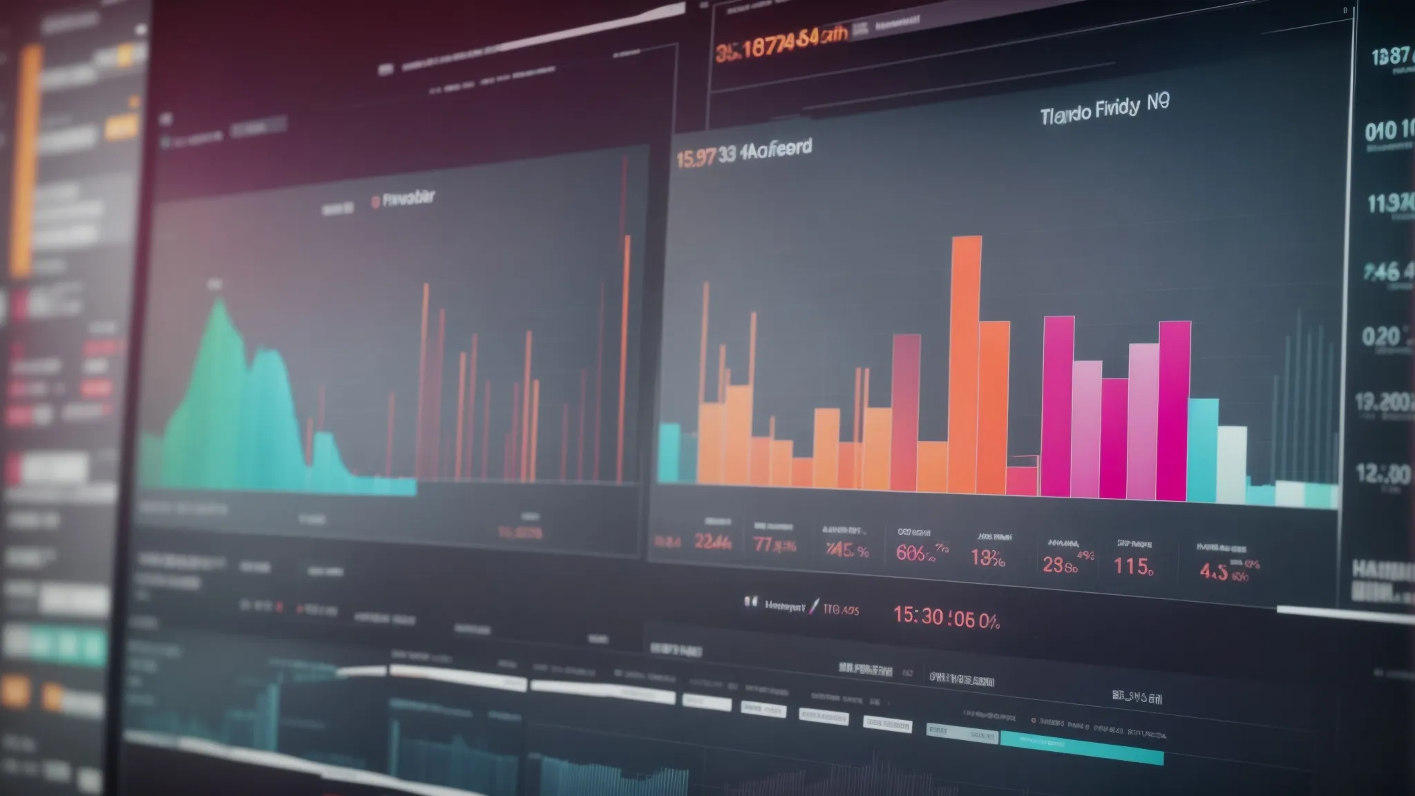 a computer screen displaying colorful bar charts and keyword analytics graphs on a digital marketing dashboard.