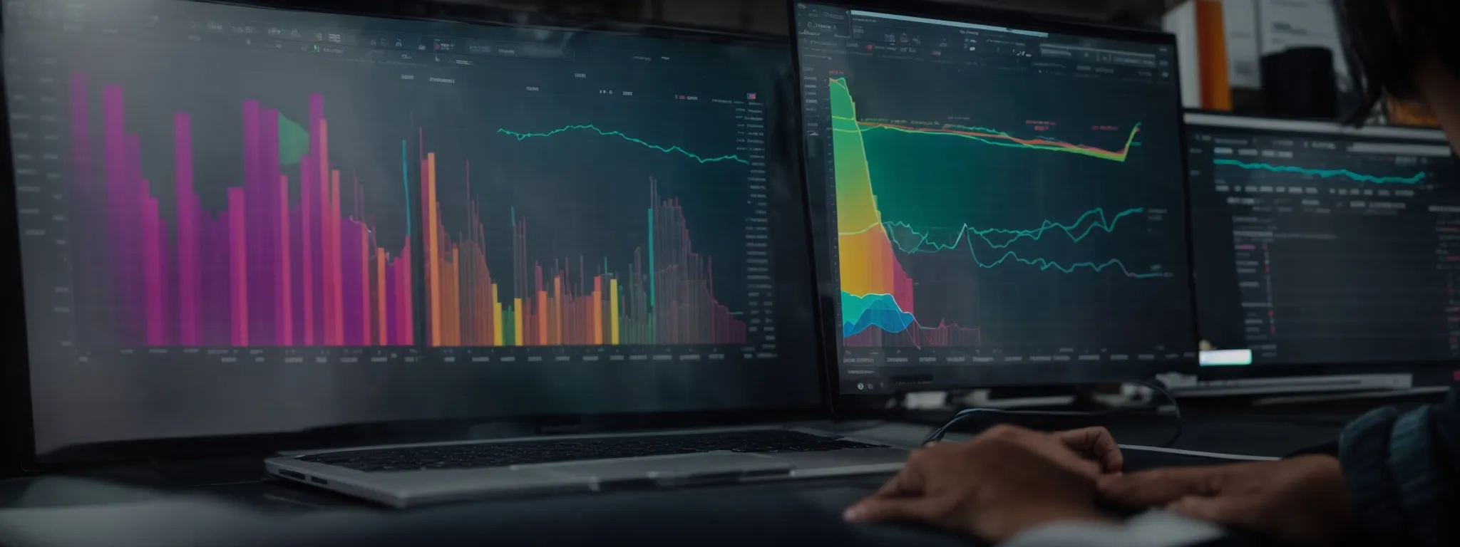 a marketer reviews colorful graphs and charts on a computer dashboard, analyzing seo performance trends.