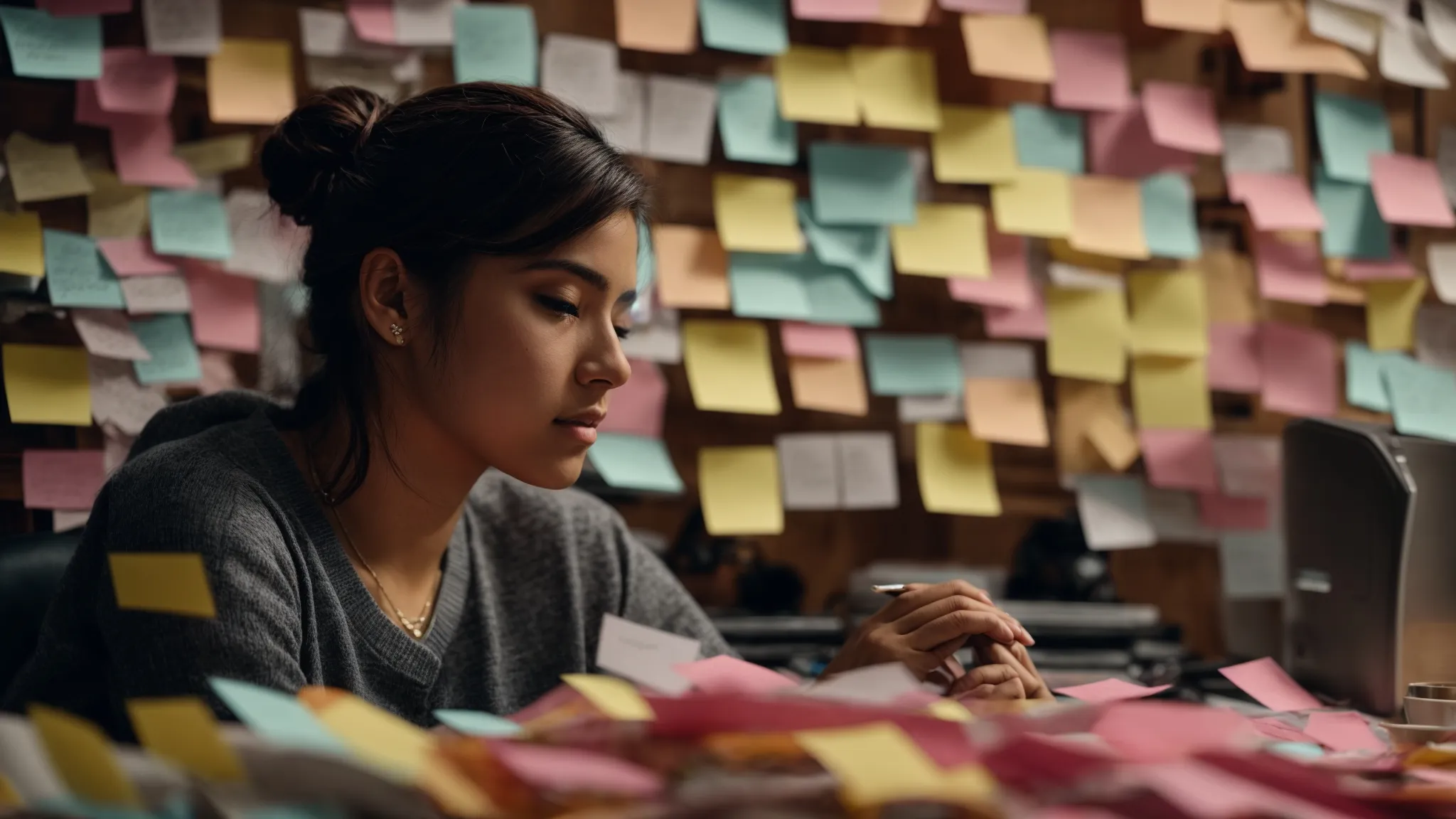 a person sits before a computer, surrounded by colorful sticky notes with various keywords, engaged in deep concentration.