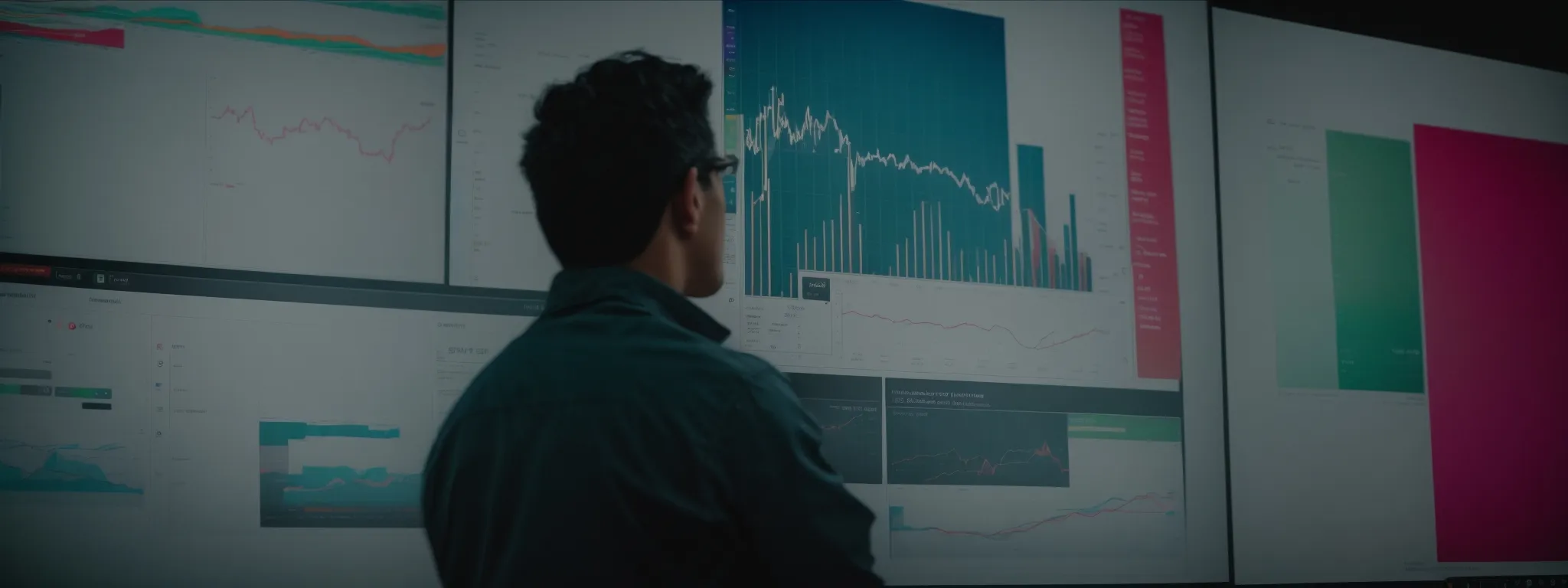 a marketer intently scrutinizes a screen displaying colorful graphs and keyword analytics.