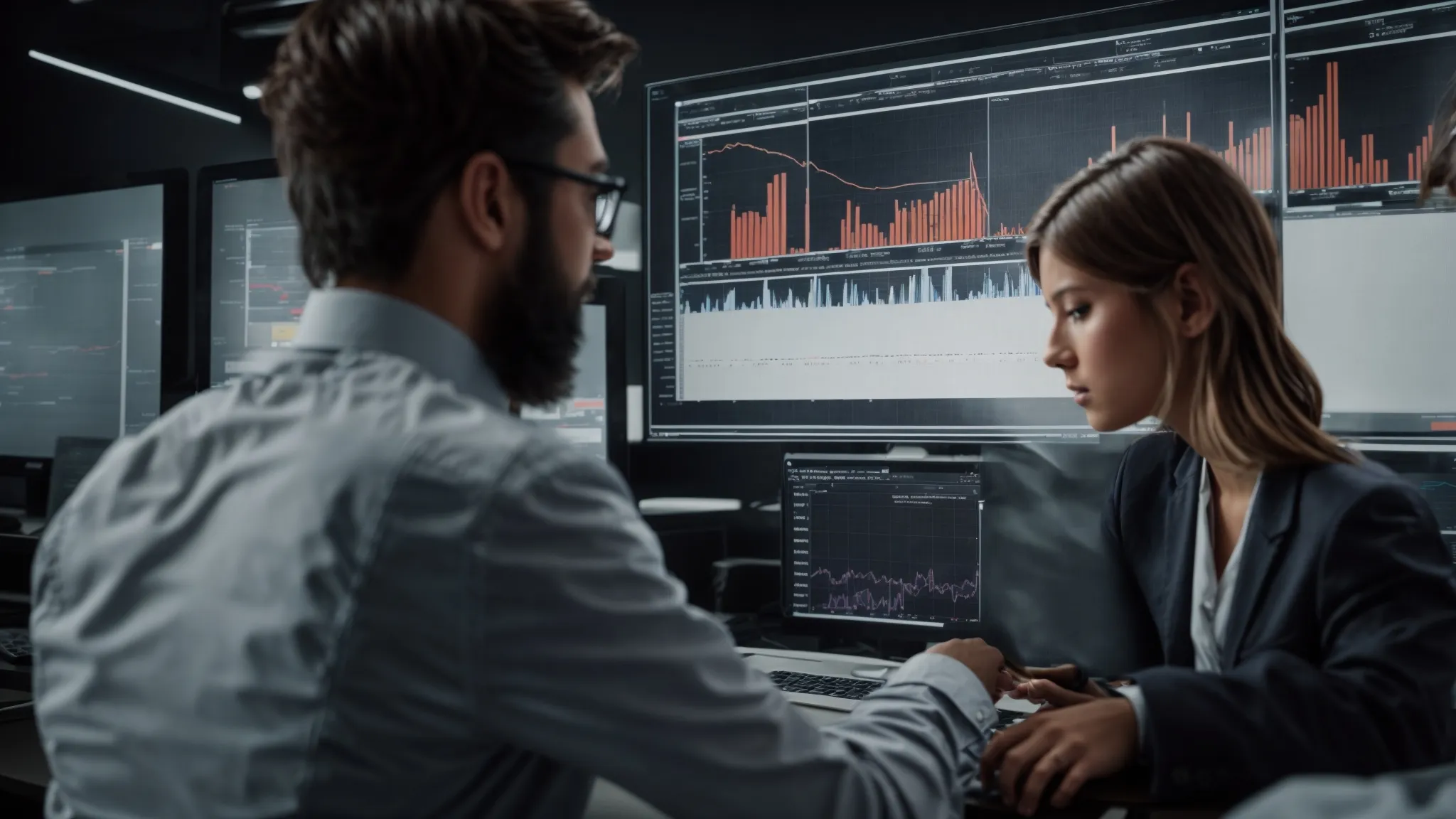 two digital marketers energetically compare graphs and data analytics on large computer monitors in a modern office.