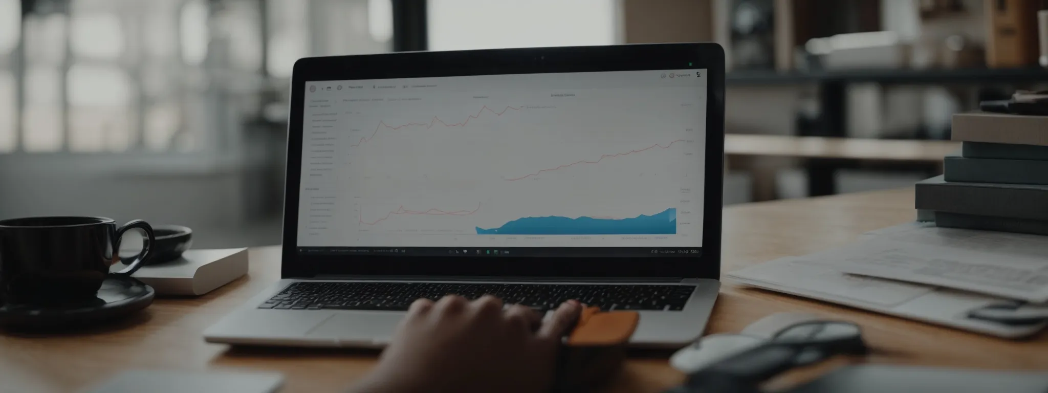 a person using a laptop to analyze a graph showing online sales growth.