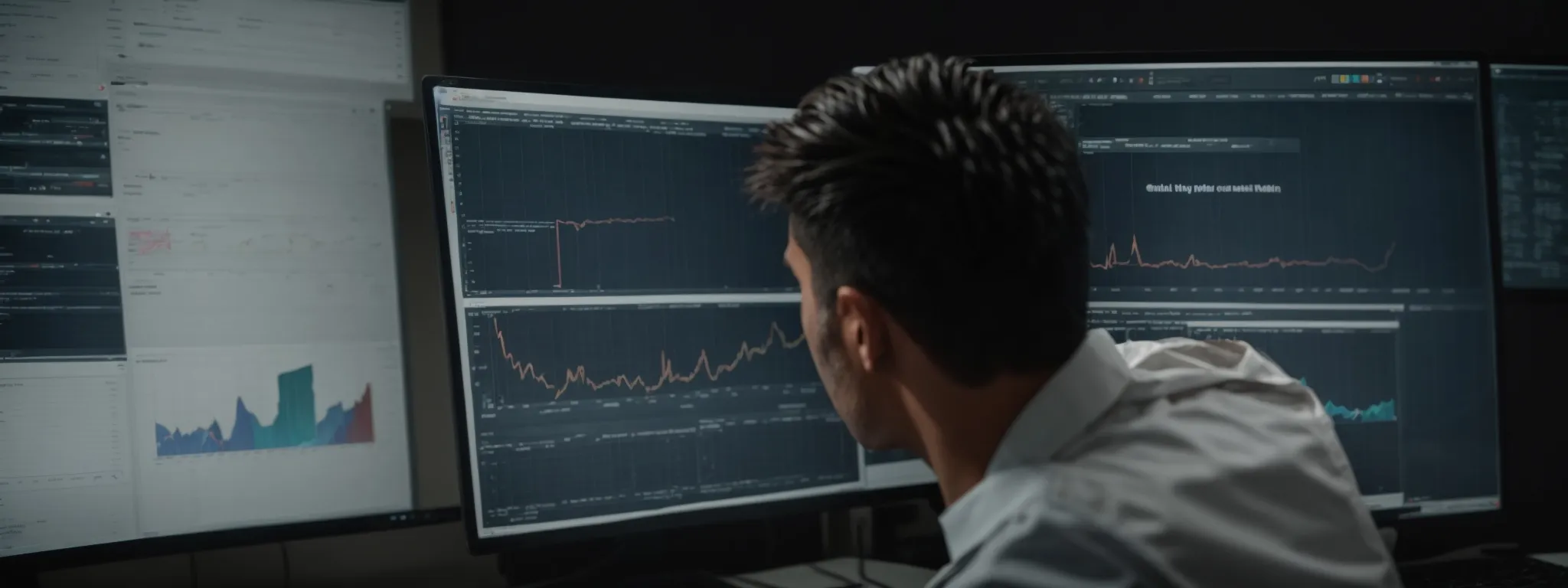 a marketer analyzes graphs on a computer screen, tracking website traffic and keyword rankings.