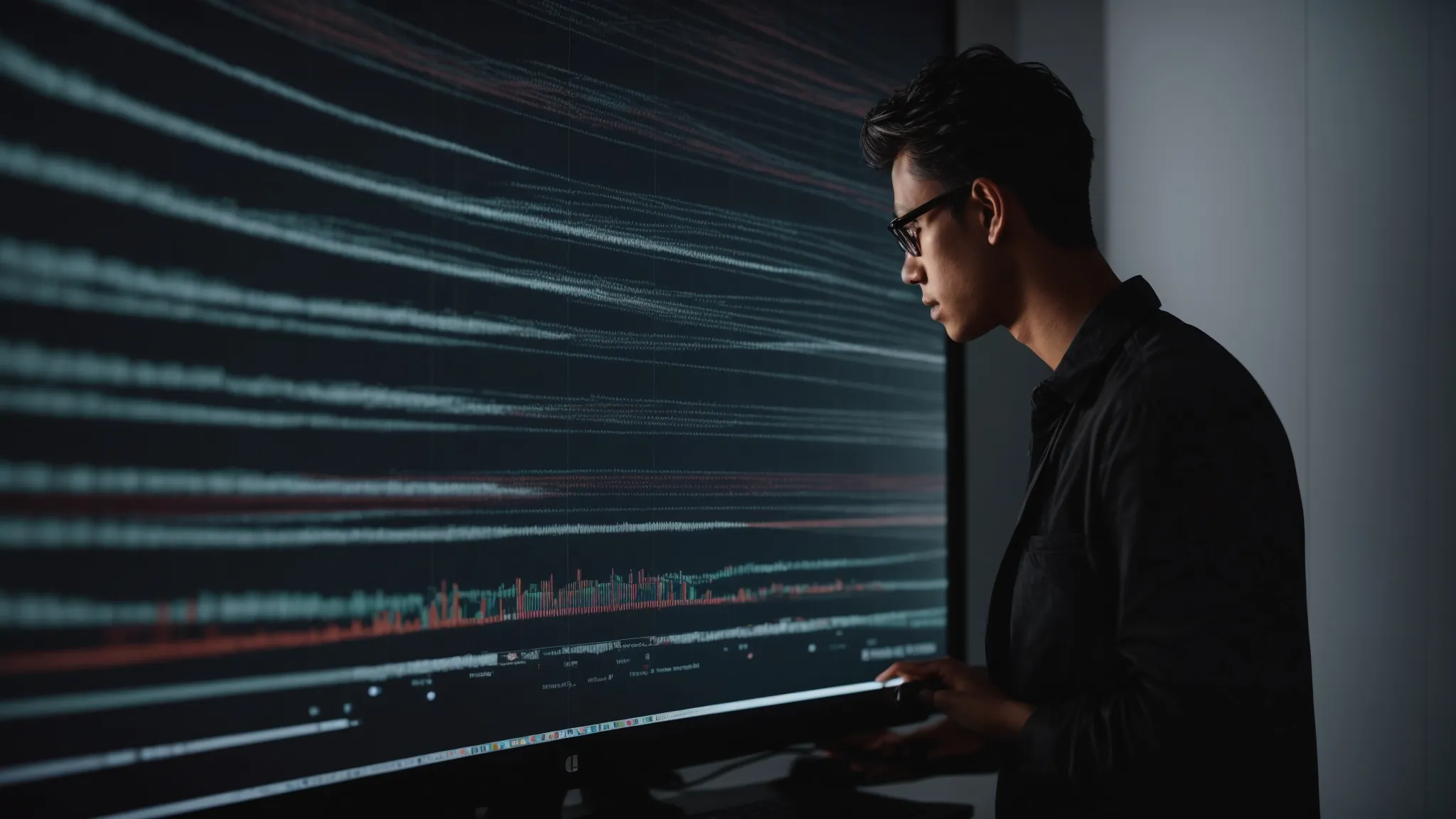 a person intently studies a graph of search engine rankings on a computer screen.