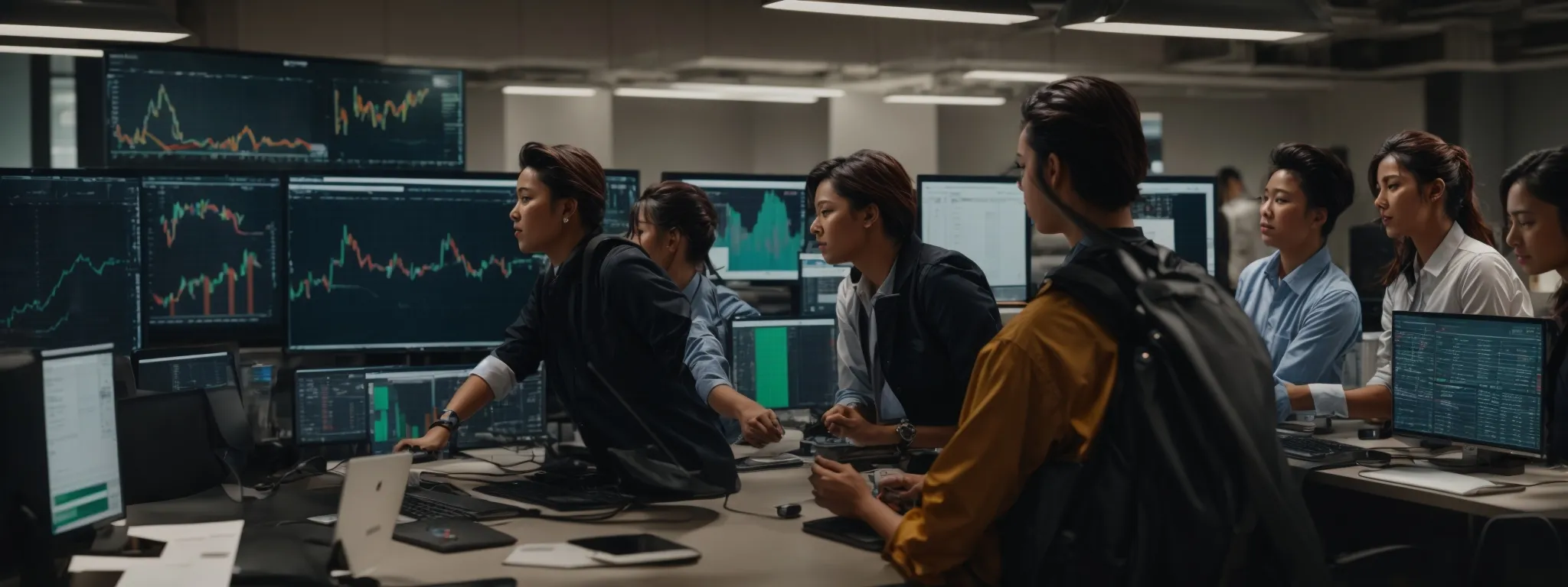 a marketing team gathering around a large computer monitor displaying colorful graphs and analytics dashboards.