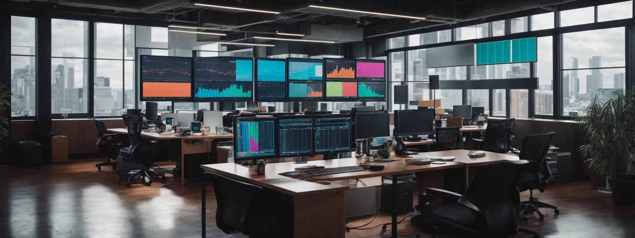 a modern office with an array of computer screens displaying colorful analytics dashboards and graphs amidst a calm business environment.
