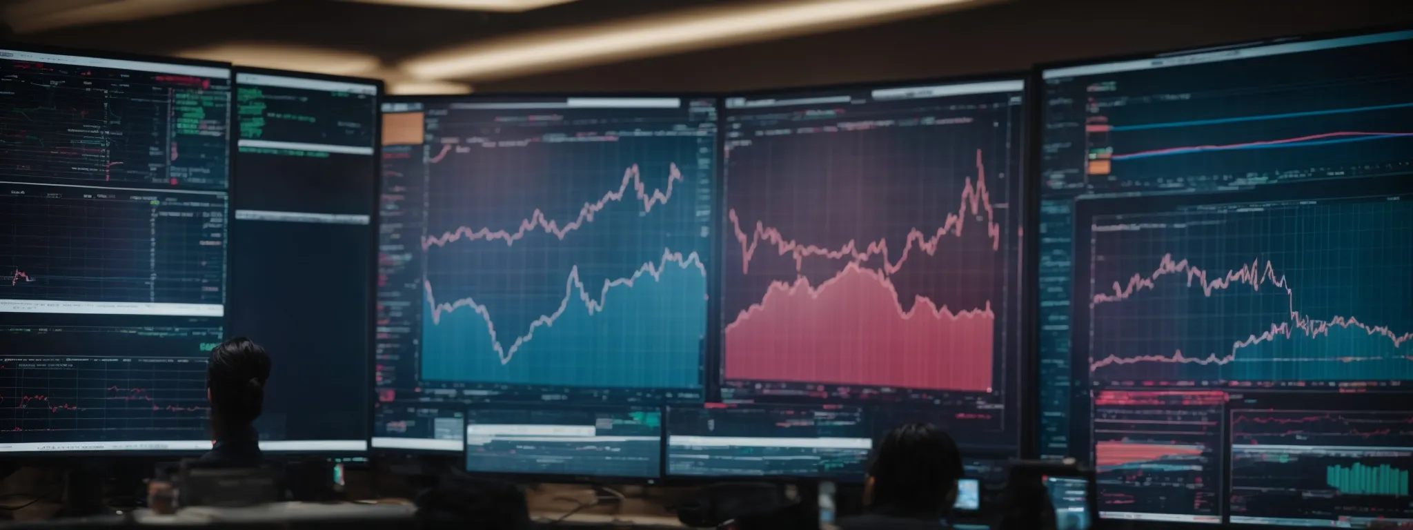 a strategist gazes at a large monitor displaying colorful graphs and charts of seo data analytics.
