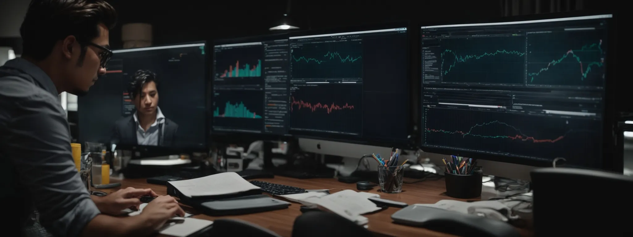 a digital marketing team reviews data analytics on a computer screen, strategizing their next content move.