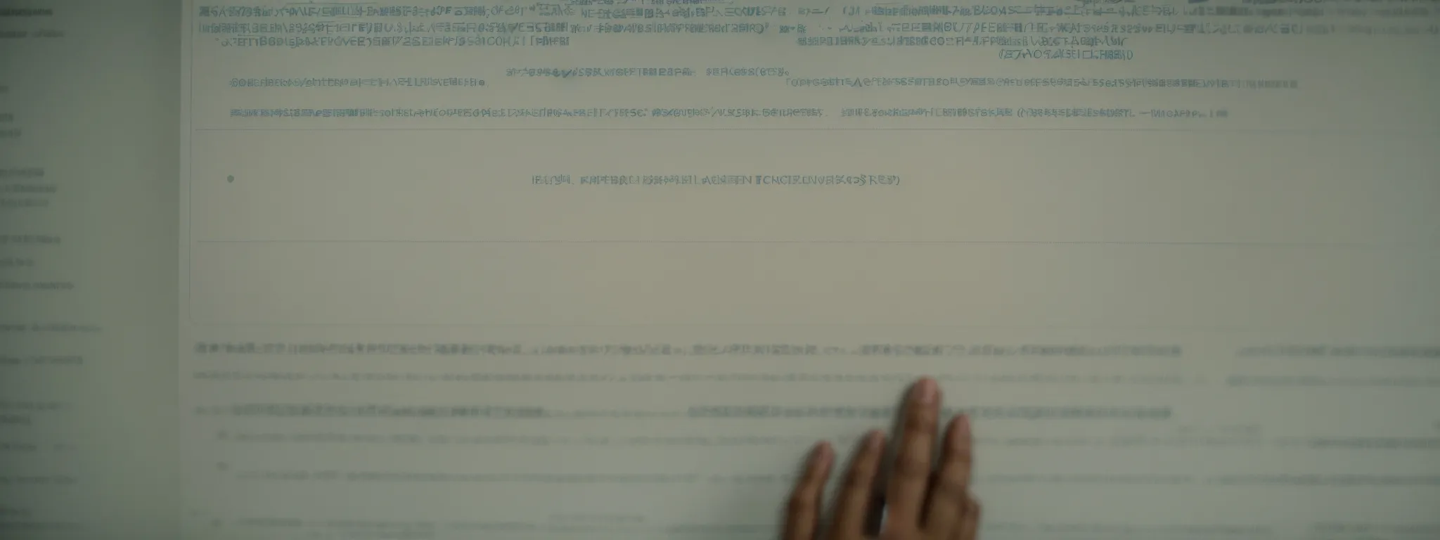 a close-up of a person's hands typing on a laptop with a search engine on the screen, surrounded by notes containing various keywords.