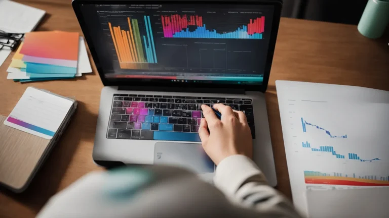 a person sits at a desk with a laptop displaying colorful graphs and a notepad with a list of keywords.
