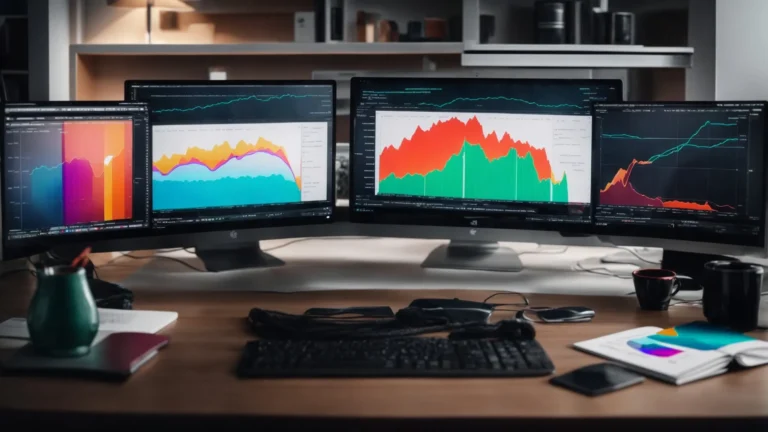 a person sitting at a desk with two computer monitors displaying colorful graphs and charts illustrating keyword trends for amazon product listings.